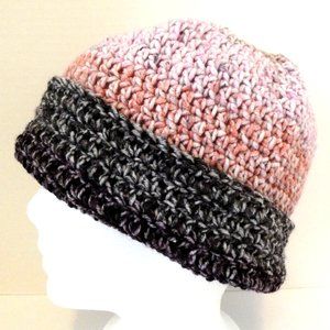 Colorful Pink Black Beanie Multicolor Cap Roll Hat Handmade Crochet USA Size M